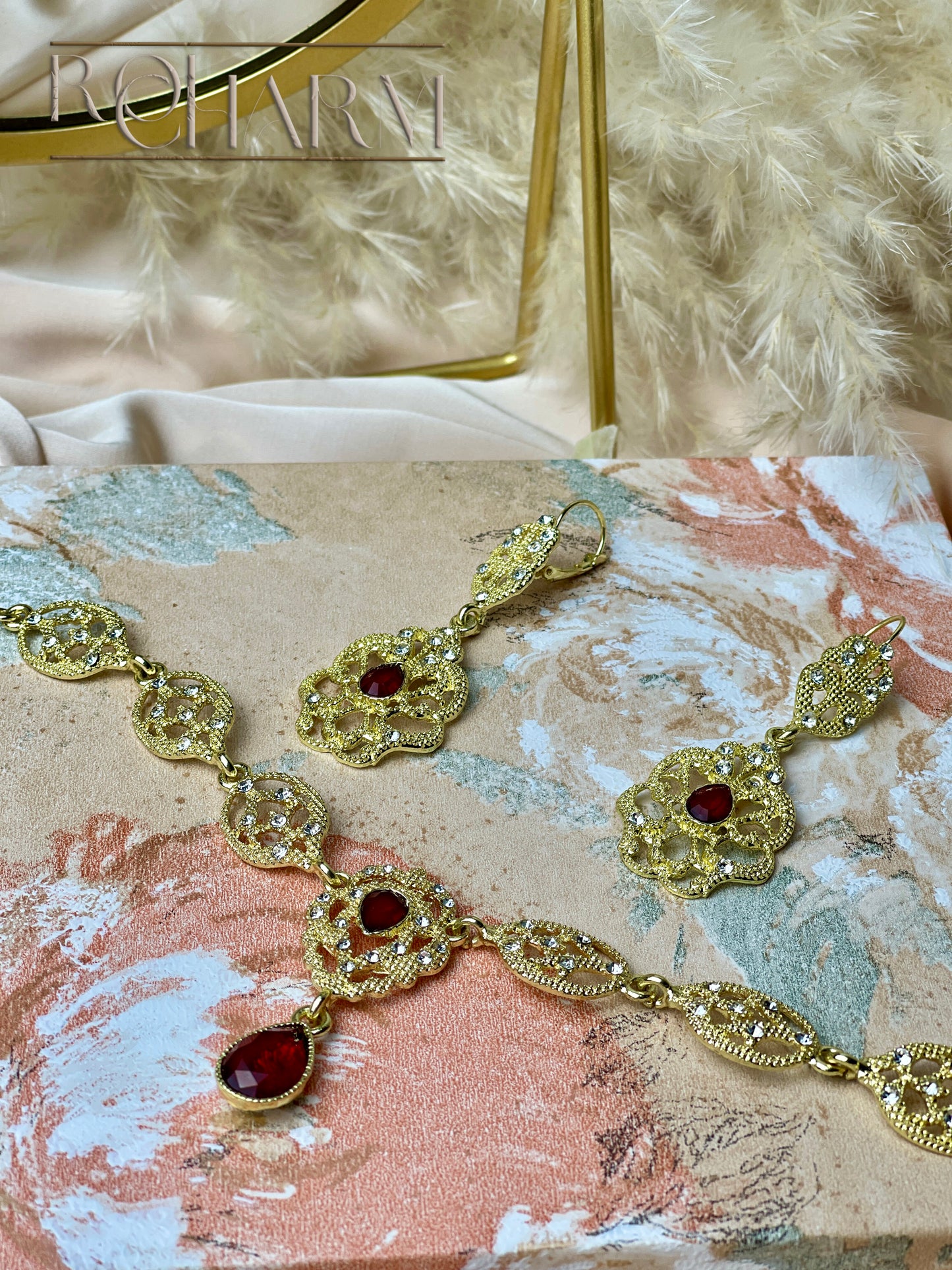 Moroccan Khit eroh Set Gold Ruby forehead jewelery with Earrings